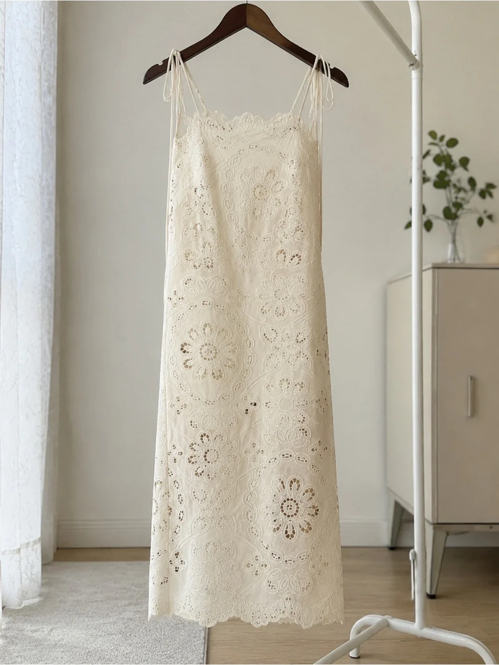 Zimmermann Cream Eyelet Lace Slip Dress with Tie Straps